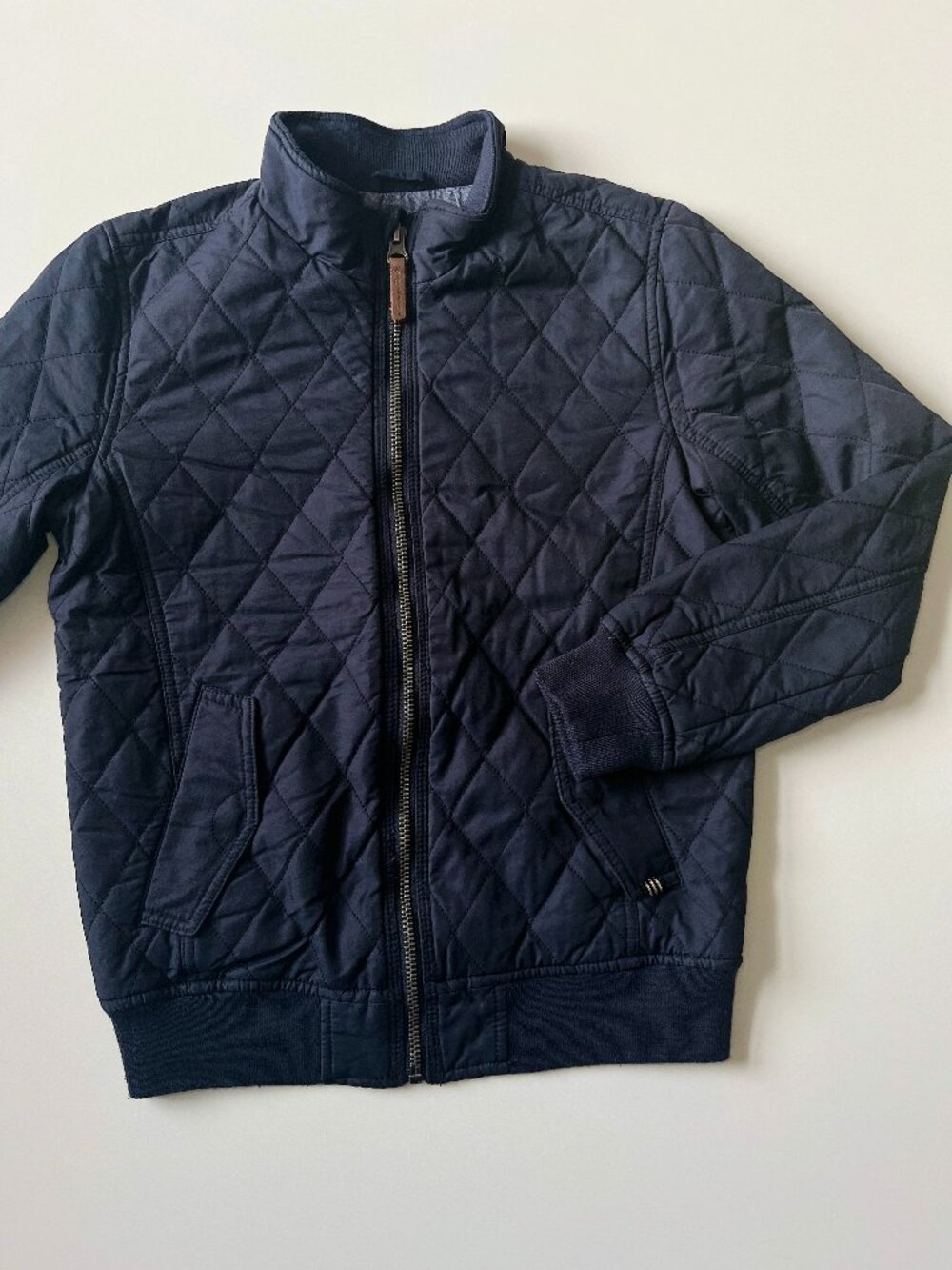 Teen Boys, size 11/12, navy quilted zipup bomber jacket, lined with denim, ZARA
